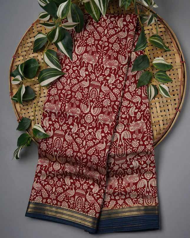 Muslin Silk With Allover Digital Print With Contrast Border - Maroon