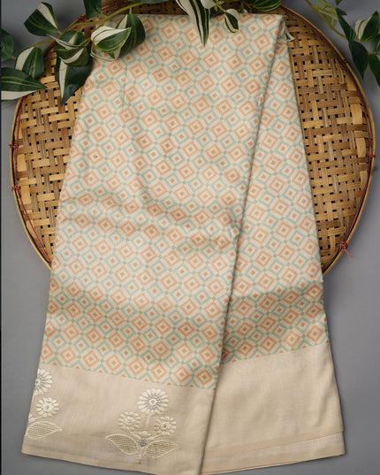 Semi Tusser Silk Saree With Contrast Border And Thread Embroidery Butties -  Beige Blue