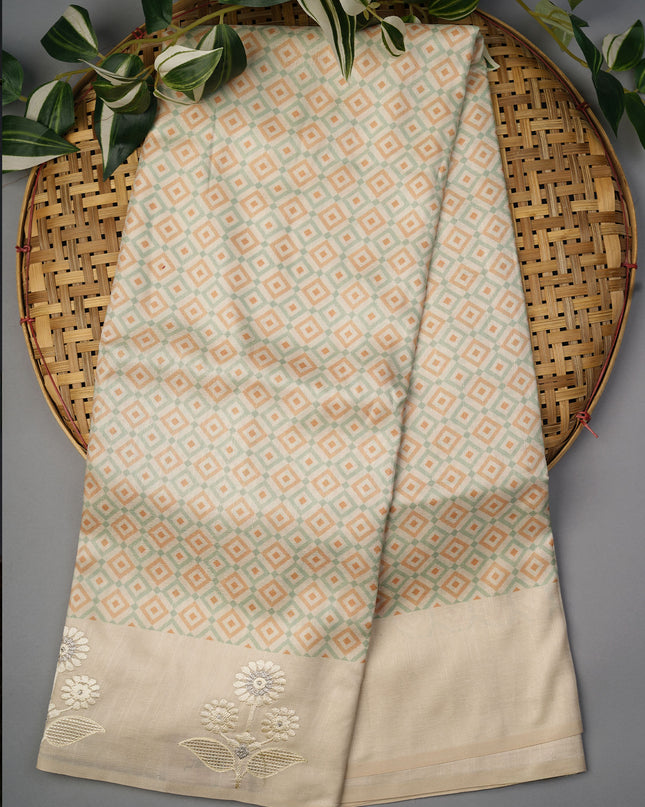 Semi Tusser Silk Saree With Contrast Border And Thread Embroidery Butties -  Beige Blue