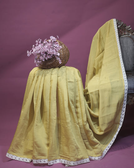 Mul Chanderi saree with Mirror work and lace Border -Mehandi Yellow