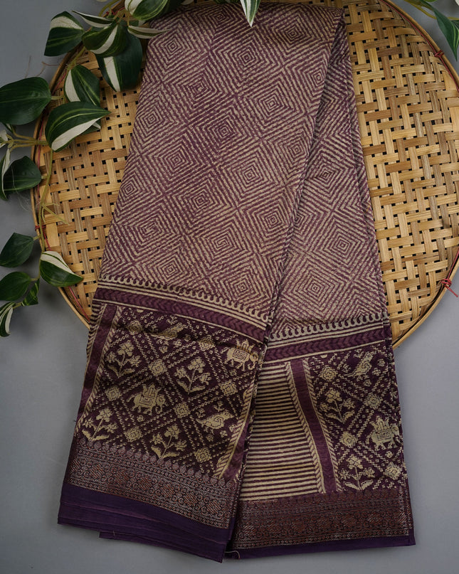Chanderi Silk Allover Print with Antique Zari Border - Lavender