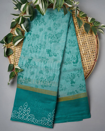 Chanderi Silk Floral Print With Contrast Border - Rama Green