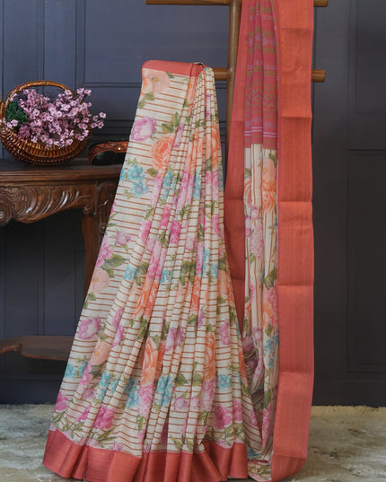 Mudra Cotton saree Floral Print with contrast Border - Cream & Pink