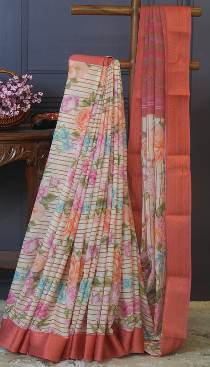 Mudra Cotton saree Floral Print with contrast Border - Cream & Pink