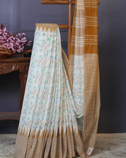 Mangalagiri cotton foral print contrast Border - Cream & Brown
