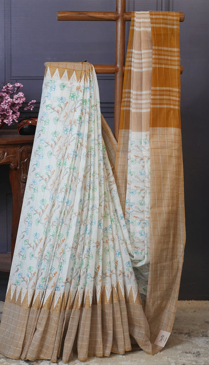 Mangalagiri cotton foral print contrast Border - Cream & Brown