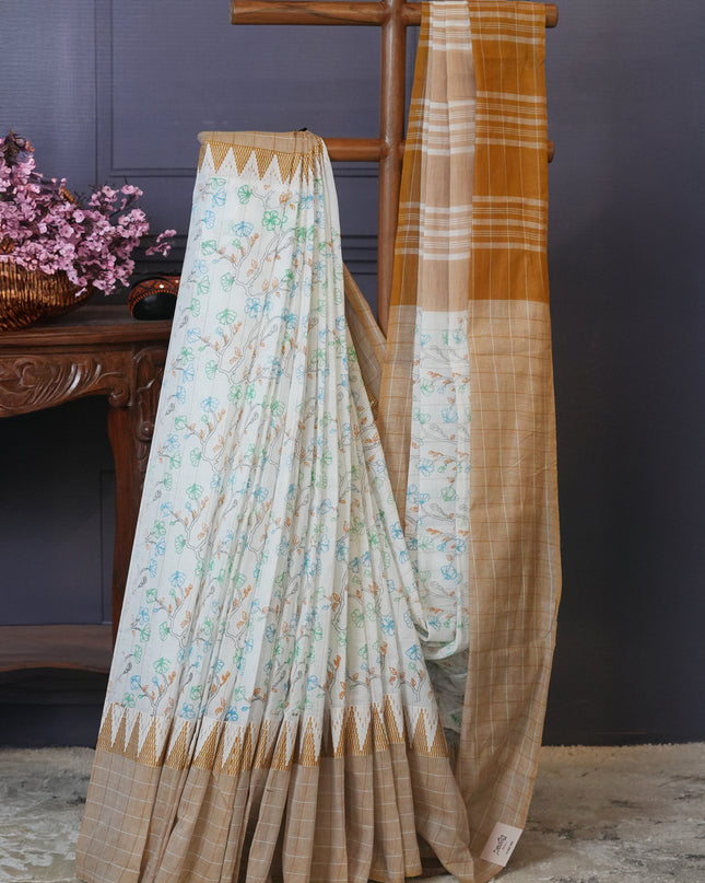 Mangalagiri cotton foral print contrast Border - Cream & Brown