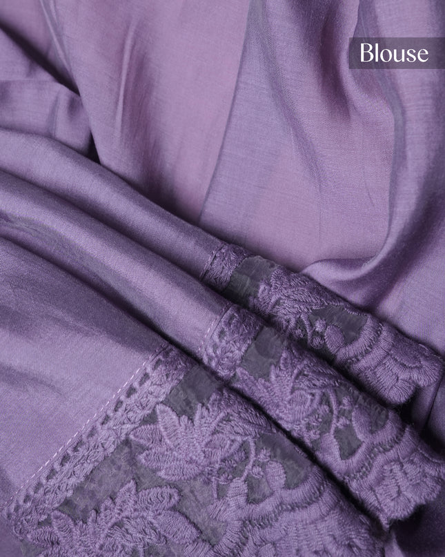 Mul Chanderi saree with Mirror work and lace Border - Purple