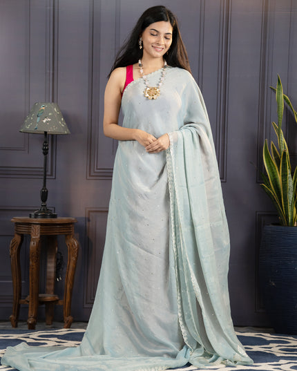Soft Organza Tissue Saree With  Hand Work and Scallop Border- Sea Blue