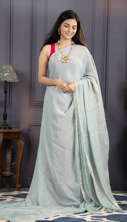 Soft Organza Tissue Saree With  Hand Work and Scallop Border- Sea Blue