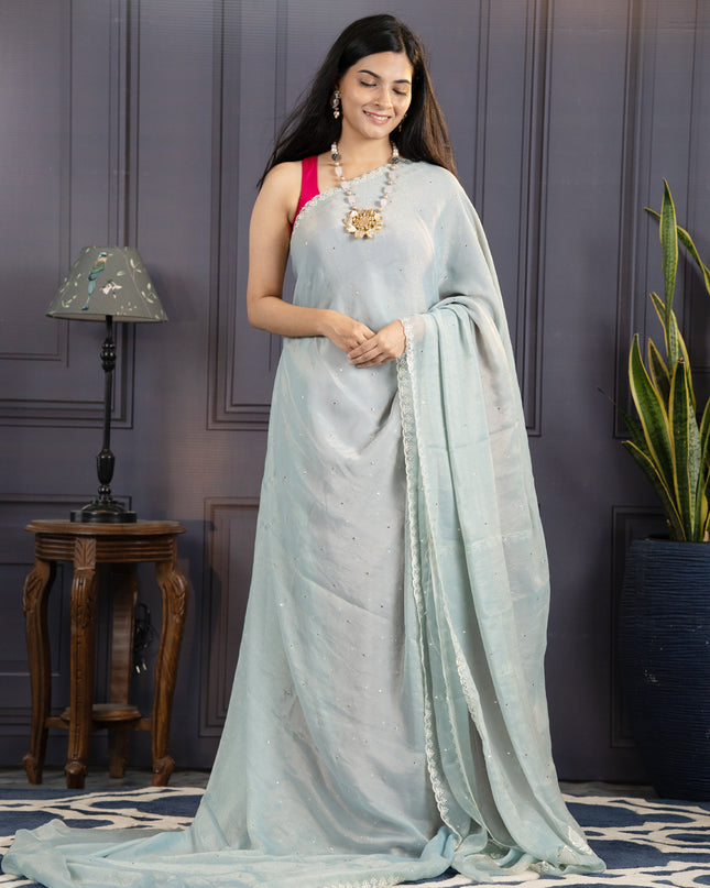Soft Organza Tissue Saree With  Hand Work and Scallop Border- Sea Blue