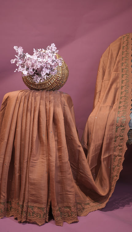 Mul Chanderi saree with Mirror work and lace Border -Rust