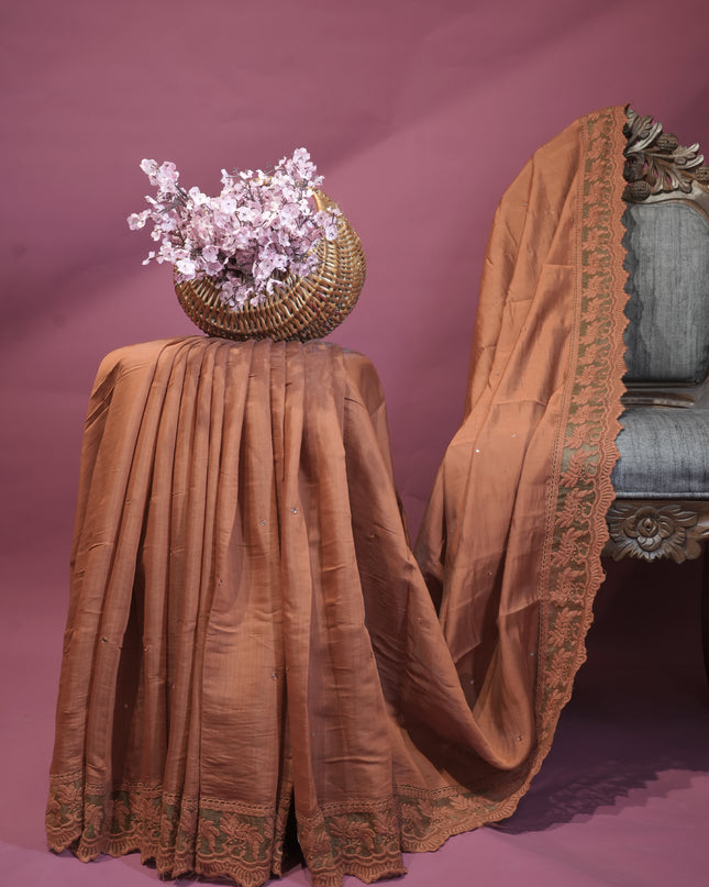 Mul Chanderi saree with Mirror work and lace Border -Rust