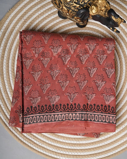 Mul Cotton Saree with  Block Printed - Rust