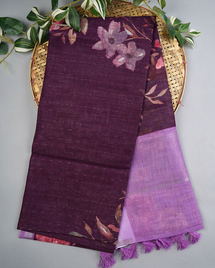 Linen Silk Floral Pallu With Silver Zari Border - Purple