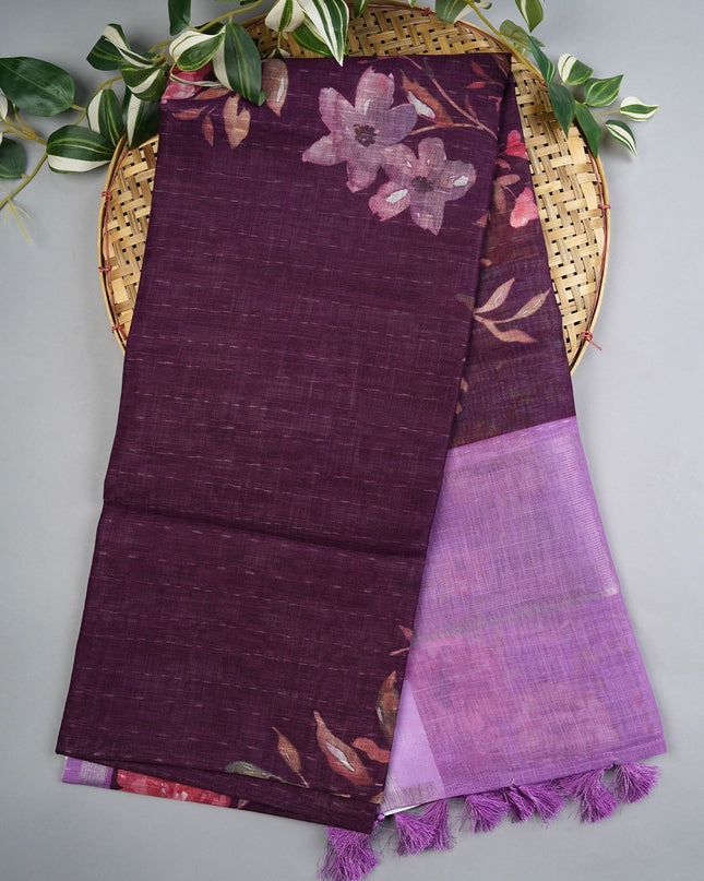 Linen Silk Floral Pallu With Silver Zari Border - Purple