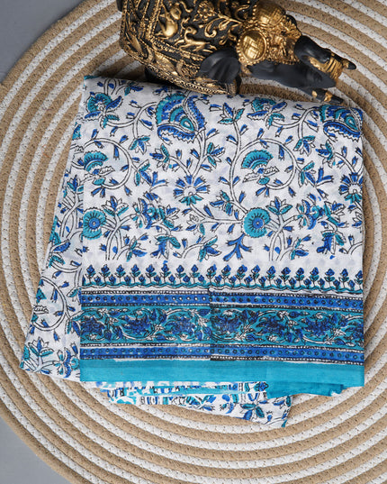 Mul cotton saree with floral  block printed and contrast border - White