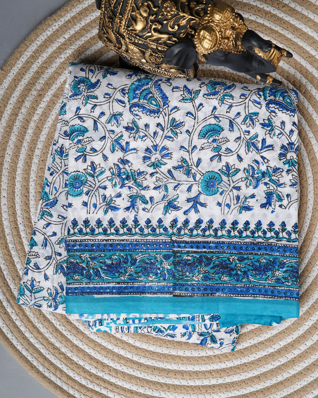 Mul cotton saree with floral  block printed and contrast border - White