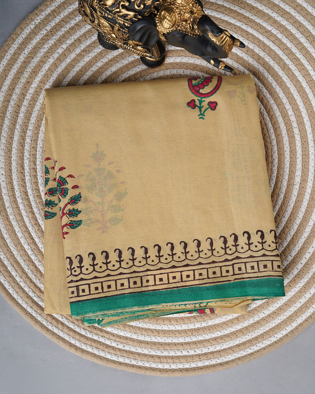 Mul cotton saree with block print and contrast border - Light Beige