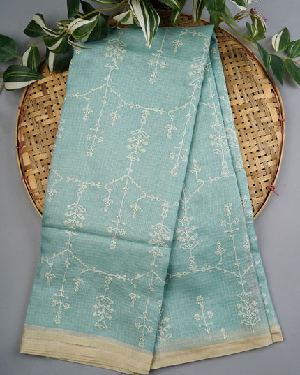 Silk Kota Saree With Allover Silver Zari Butties And Gold Border - Sea Blue
