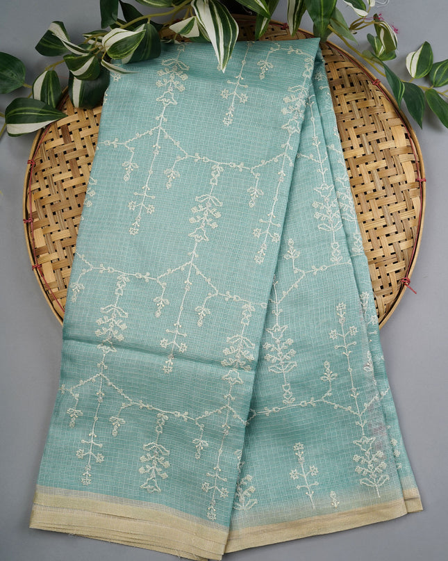 Silk Kota Saree With Allover Silver Zari Butties And Gold Border - Sea Blue