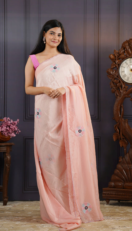 Russian Crape Saree Kardhana with Scallop Border - Peach