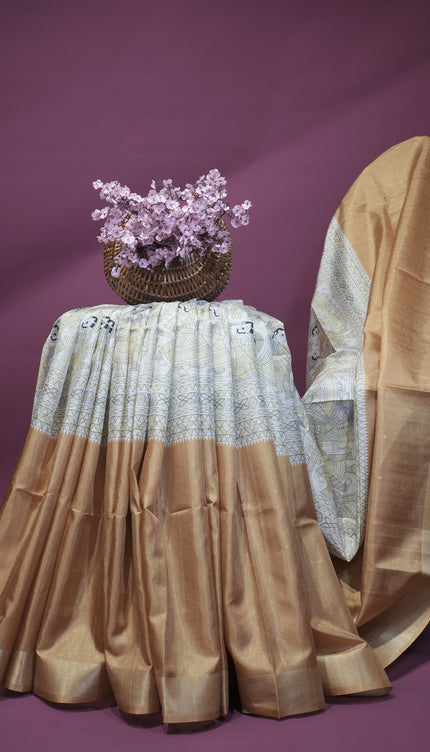 Tussar silk saree with madhubani print zari border - Mustard Yellow