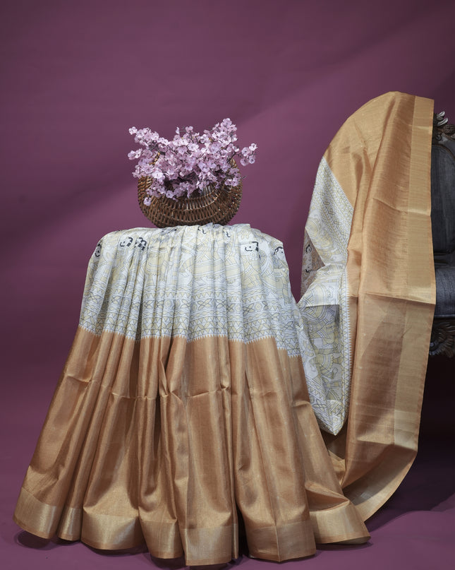 Tussar silk saree with madhubani print zari border - Mustard Yellow