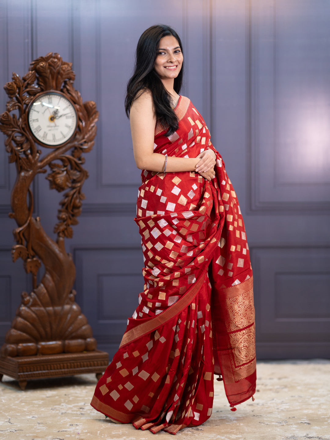 Banaras Silk Saree Gold & Silver Zari Butties and Border - Red