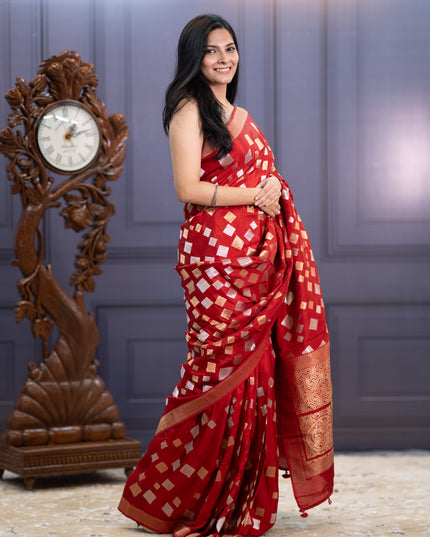 Banaras Silk Saree Gold & Silver Zari Butties and Border - Red
