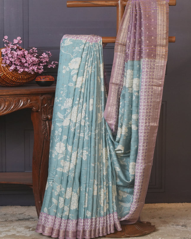 Muslin Silk Floral Print Golden Buttis With Contrast Border - Light Blue