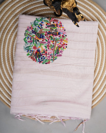 Mul  chanderi saree with thread embroidery butties -Baby Pink