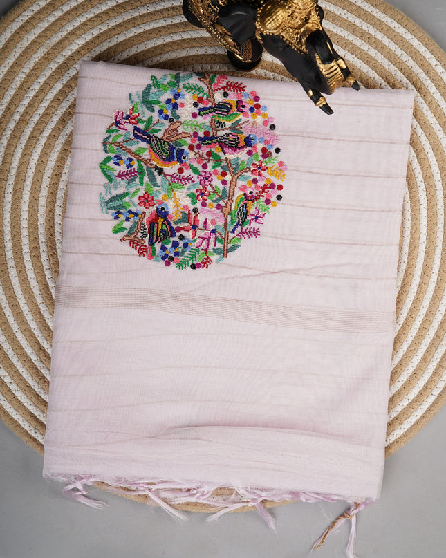 Mul  chanderi saree with thread embroidery butties -Baby Pink