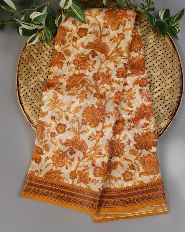 Chanderi Silk Allover Print With Antique Zari Border - Mustard