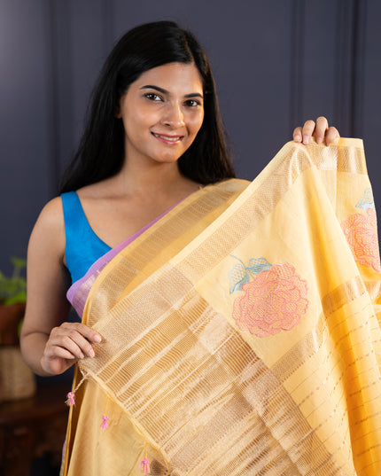 Chanderi Silk Zari Border Embroidery Work - Yellow