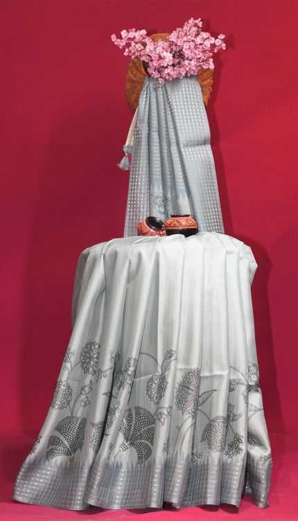 Tussar silk saree floral print with weaving check border - Light Blue