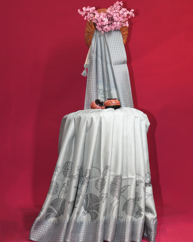 Tussar silk saree floral print with weaving check border - Light Blue