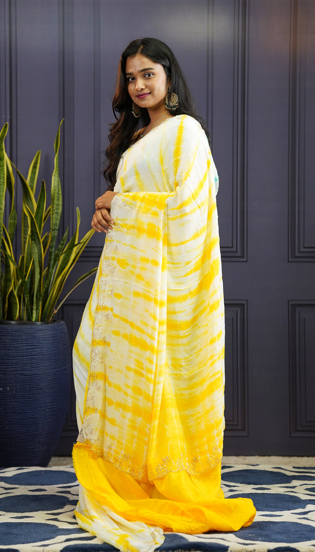 Soft Silk Crepe Shibori Print with Scallop Border-Yellow