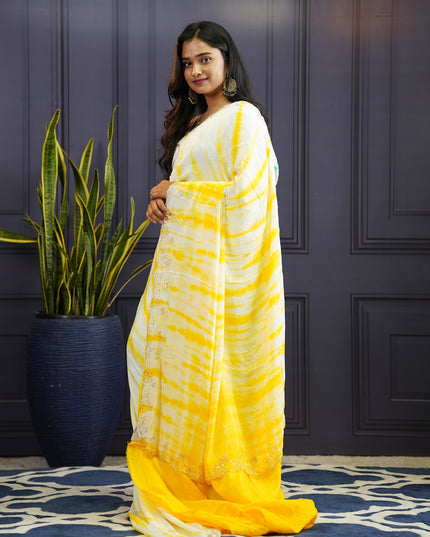 Soft Silk Crepe Shibori Print with Scallop Border-Yellow