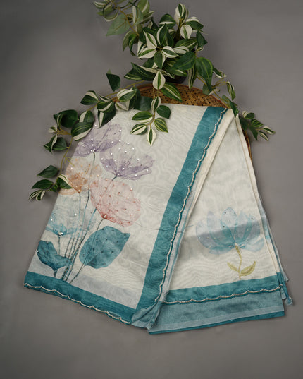 Jute Linen Tissue Floral Digital Print Scallop Border Kardana & Pearl Work - Sea Blue