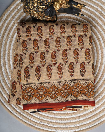 Kota cotton saree with Block print - Beige