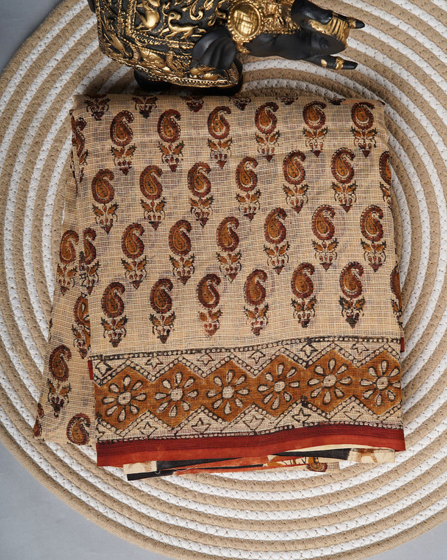 Kota cotton saree with Block print - Beige