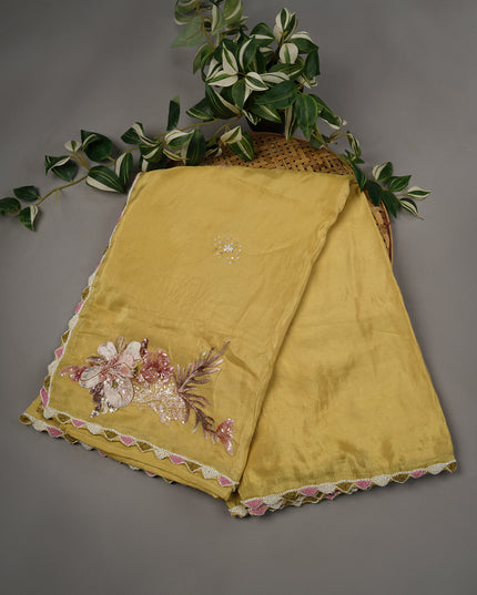Tissue Crape Applique Work Buttis Scallop Border with Kardana & Pearl Work - Yellow