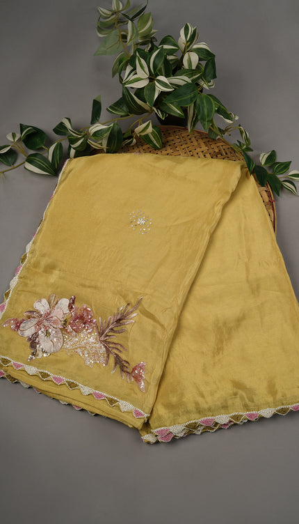 Tissue Crape Applique Work Buttis Scallop Border with Kardana & Pearl Work - Yellow