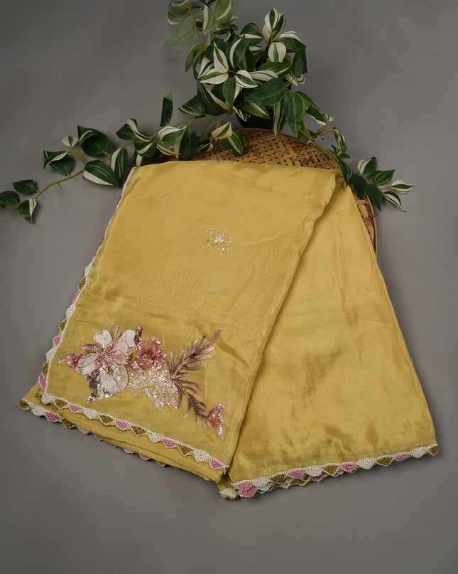 Tissue Crape Applique Work Buttis Scallop Border with Kardana & Pearl Work - Yellow