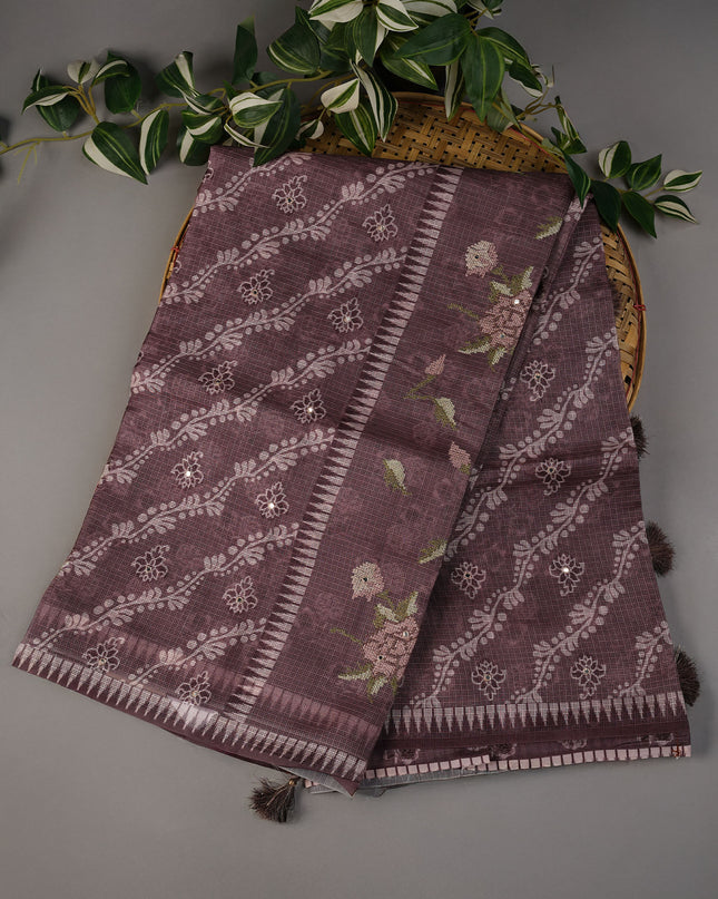 Silk Kota Lehariya Design With Mirror Work - Brown