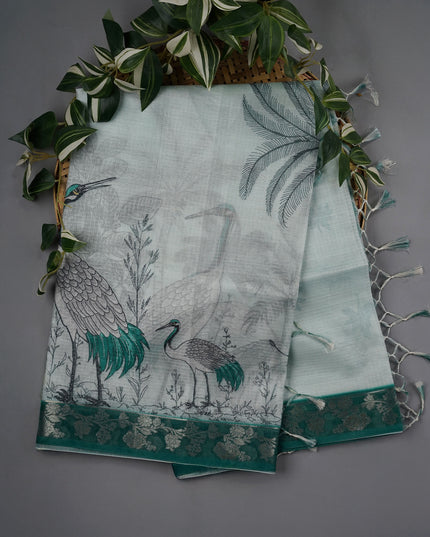 Silk Kota Saree With Digital Print And Contrast Border - L Green