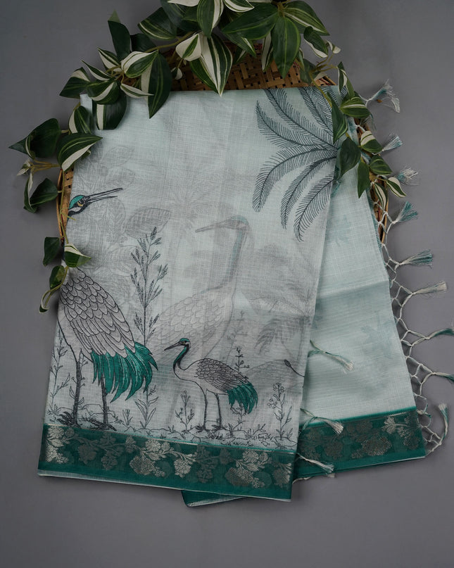 Silk Kota Saree With Digital Print And Contrast Border - L Green