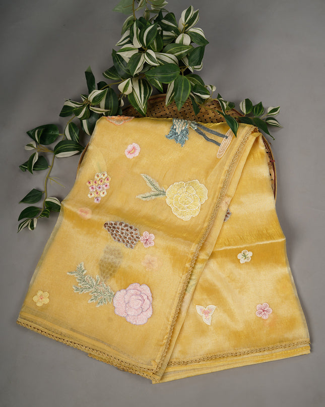 Tissue Organza Embossed Work Lace Border - Lemon Yellow