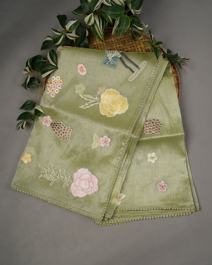 Tissue Organza Embossed Work Lace Border - Pista Green